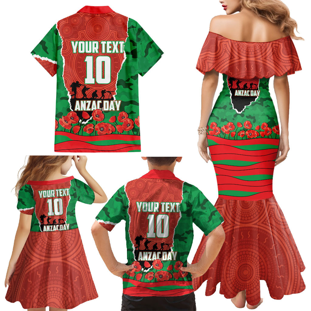 Personalized South Sydney Rabbitohs ANZAC Tribute Family Matching Mermaid Dress and Hawaiian Shirt Poppy Field Soldier Silhouette Aboriginal Rugby Mascot