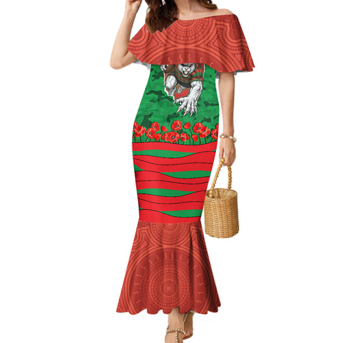 Personalized South Sydney Rabbitohs ANZAC Tribute Family Matching Mermaid Dress and Hawaiian Shirt Poppy Field Soldier Silhouette Aboriginal Rugby Mascot