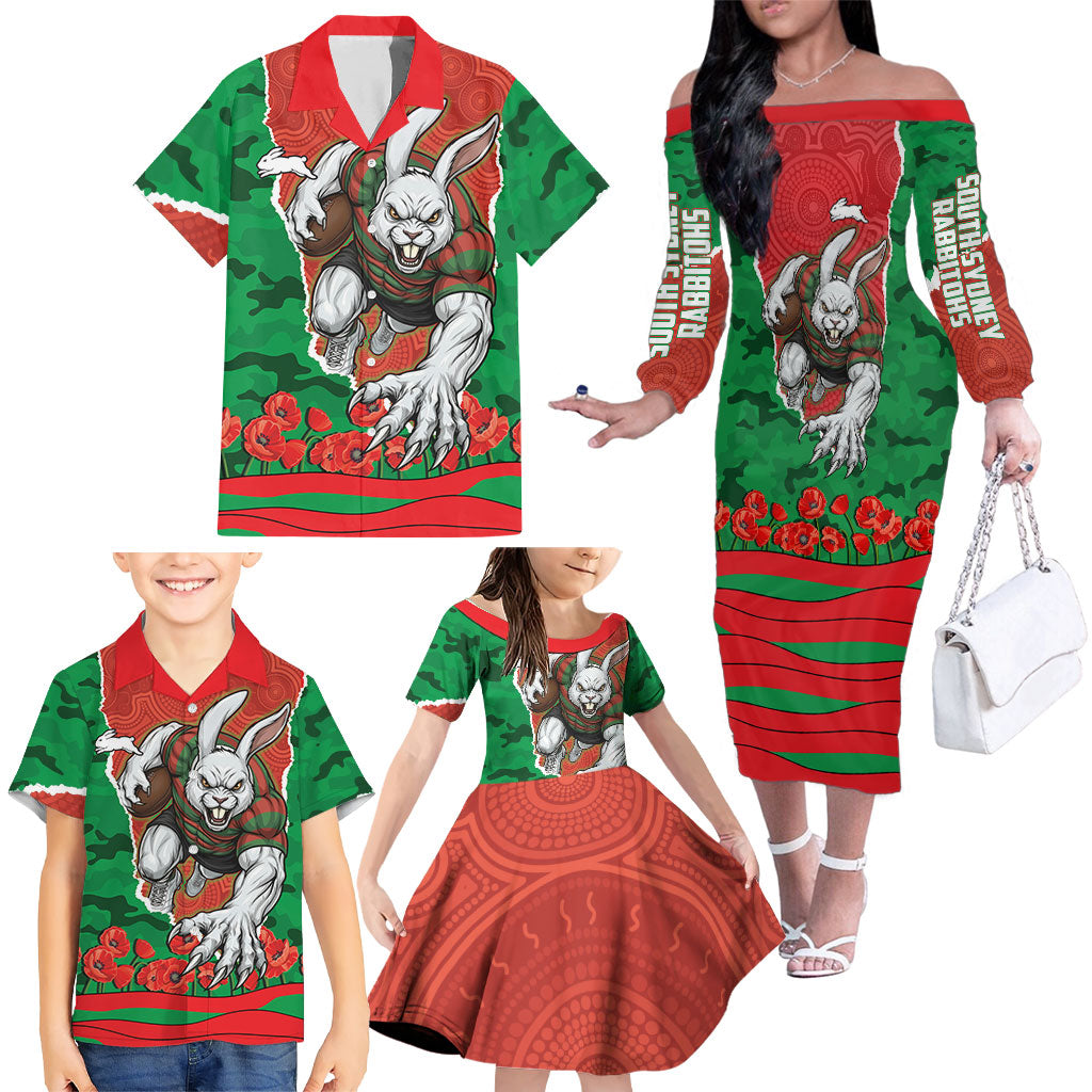 Personalized South Sydney Rabbitohs ANZAC Tribute Family Matching Off The Shoulder Long Sleeve Dress and Hawaiian Shirt Poppy Field Soldier Silhouette Aboriginal Rugby Mascot