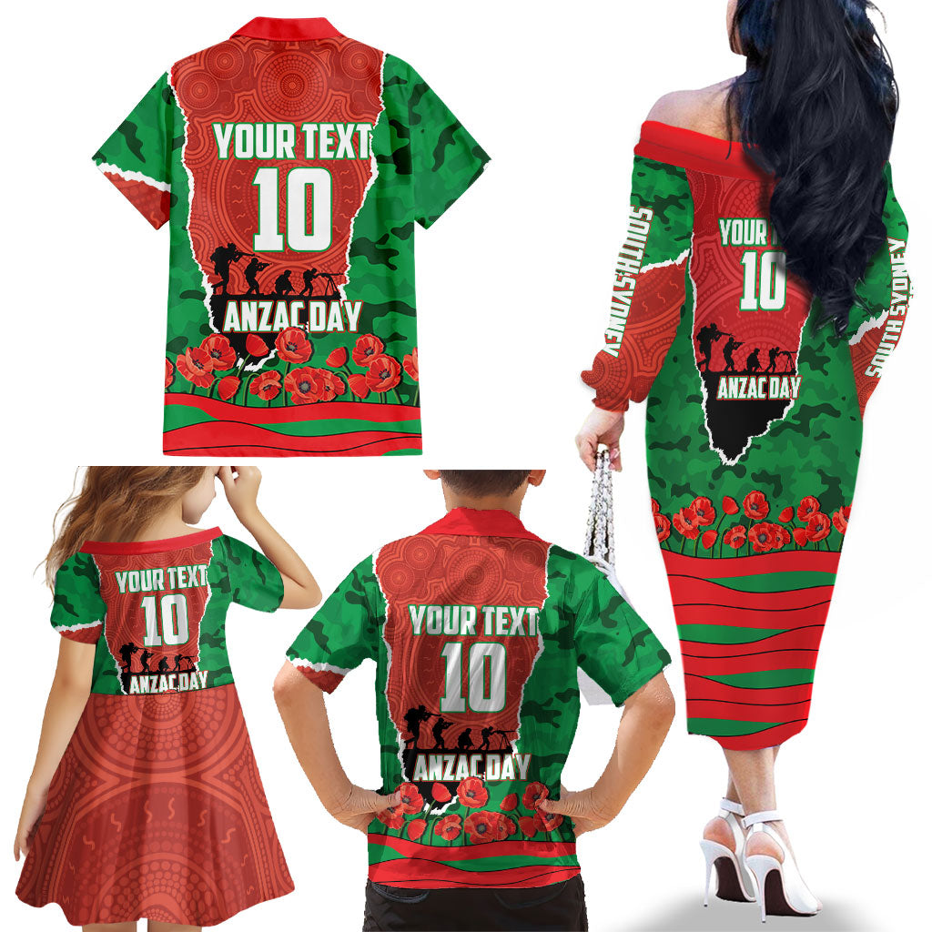 Personalized South Sydney Rabbitohs ANZAC Tribute Family Matching Off The Shoulder Long Sleeve Dress and Hawaiian Shirt Poppy Field Soldier Silhouette Aboriginal Rugby Mascot