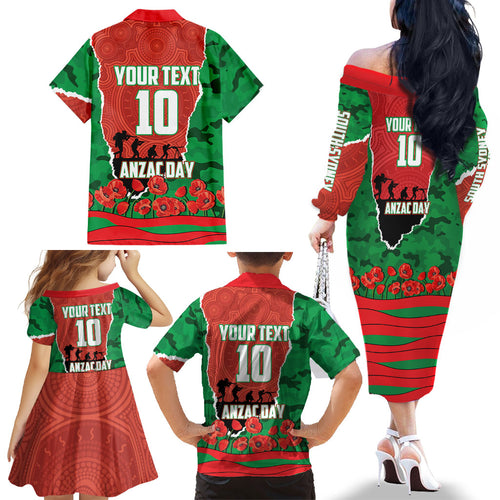 Personalized South Sydney Rabbitohs ANZAC Tribute Family Matching Off The Shoulder Long Sleeve Dress and Hawaiian Shirt Poppy Field Soldier Silhouette Aboriginal Rugby Mascot