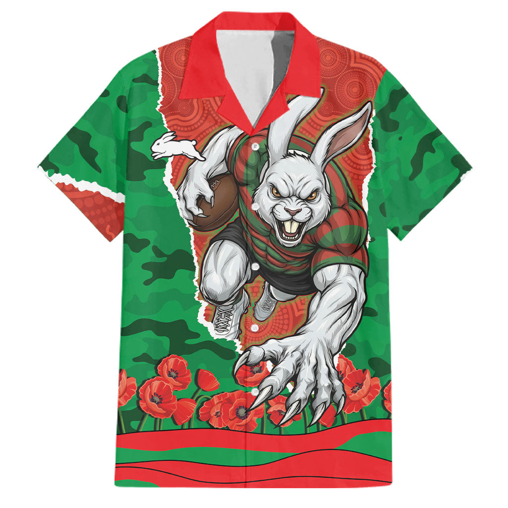 Personalized South Sydney Rabbitohs ANZAC Tribute Family Matching Off The Shoulder Long Sleeve Dress and Hawaiian Shirt Poppy Field Soldier Silhouette Aboriginal Rugby Mascot