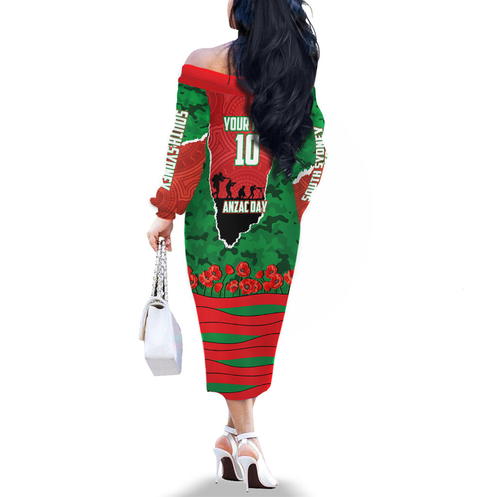 Personalized South Sydney Rabbitohs ANZAC Tribute Family Matching Off The Shoulder Long Sleeve Dress and Hawaiian Shirt Poppy Field Soldier Silhouette Aboriginal Rugby Mascot