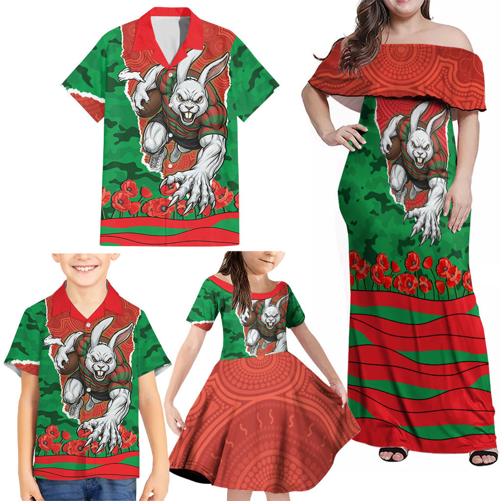 Personalized South Sydney Rabbitohs ANZAC Tribute Family Matching Off Shoulder Maxi Dress and Hawaiian Shirt Poppy Field Soldier Silhouette Aboriginal Rugby Mascot