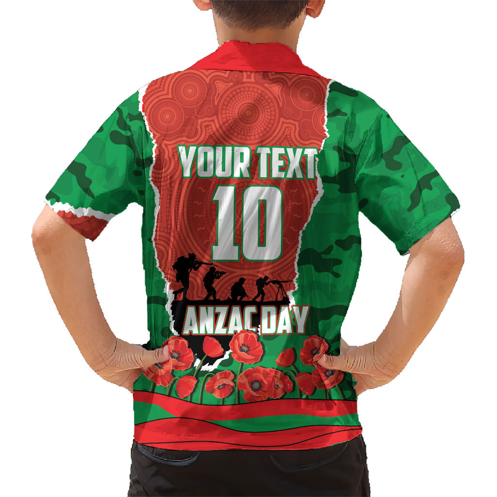 Personalized South Sydney Rabbitohs ANZAC Tribute Family Matching Off Shoulder Maxi Dress and Hawaiian Shirt Poppy Field Soldier Silhouette Aboriginal Rugby Mascot