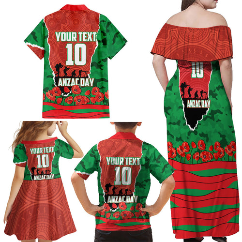 Personalized South Sydney Rabbitohs ANZAC Tribute Family Matching Off Shoulder Maxi Dress and Hawaiian Shirt Poppy Field Soldier Silhouette Aboriginal Rugby Mascot