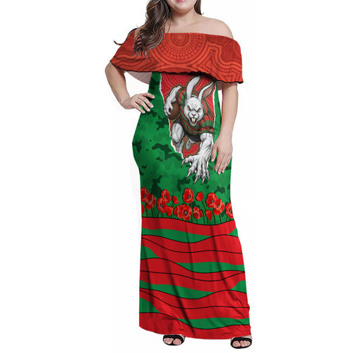 Personalized South Sydney Rabbitohs ANZAC Tribute Family Matching Off Shoulder Maxi Dress and Hawaiian Shirt Poppy Field Soldier Silhouette Aboriginal Rugby Mascot
