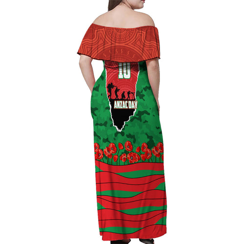 Personalized South Sydney Rabbitohs ANZAC Tribute Family Matching Off Shoulder Maxi Dress and Hawaiian Shirt Poppy Field Soldier Silhouette Aboriginal Rugby Mascot