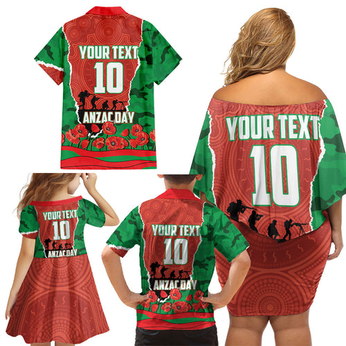 Personalized South Sydney Rabbitohs ANZAC Tribute Family Matching Off Shoulder Short Dress and Hawaiian Shirt Poppy Field Soldier Silhouette Aboriginal Rugby Mascot