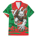 Personalized South Sydney Rabbitohs ANZAC Tribute Family Matching Off Shoulder Short Dress and Hawaiian Shirt Poppy Field Soldier Silhouette Aboriginal Rugby Mascot
