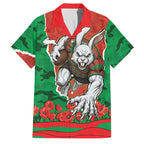Personalized South Sydney Rabbitohs ANZAC Tribute Family Matching Off Shoulder Short Dress and Hawaiian Shirt Poppy Field Soldier Silhouette Aboriginal Rugby Mascot