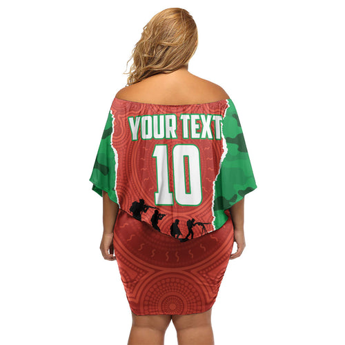 Personalized South Sydney Rabbitohs ANZAC Tribute Family Matching Off Shoulder Short Dress and Hawaiian Shirt Poppy Field Soldier Silhouette Aboriginal Rugby Mascot