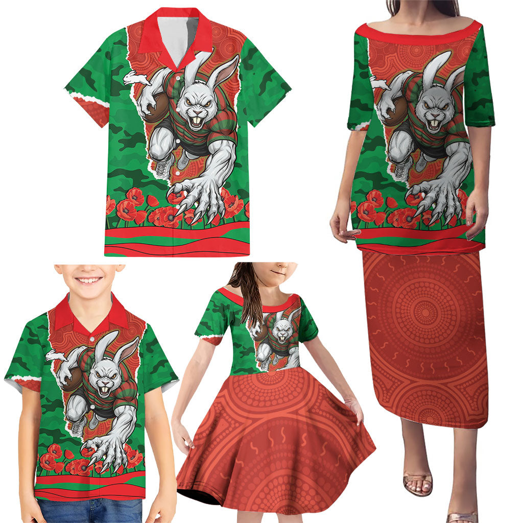 Personalized South Sydney Rabbitohs ANZAC Tribute Family Matching Puletasi and Hawaiian Shirt Poppy Field Soldier Silhouette Aboriginal Rugby Mascot