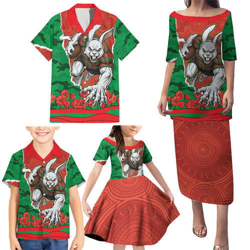 Personalized South Sydney Rabbitohs ANZAC Tribute Family Matching Puletasi and Hawaiian Shirt Poppy Field Soldier Silhouette Aboriginal Rugby Mascot