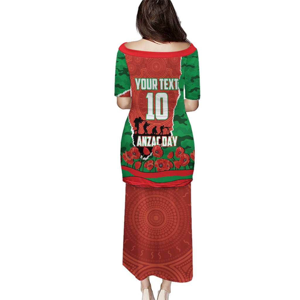 Personalized South Sydney Rabbitohs ANZAC Tribute Family Matching Puletasi and Hawaiian Shirt Poppy Field Soldier Silhouette Aboriginal Rugby Mascot