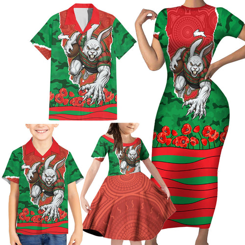 Personalized South Sydney Rabbitohs ANZAC Tribute Family Matching Short Sleeve Bodycon Dress and Hawaiian Shirt Poppy Field Soldier Silhouette Aboriginal Rugby Mascot