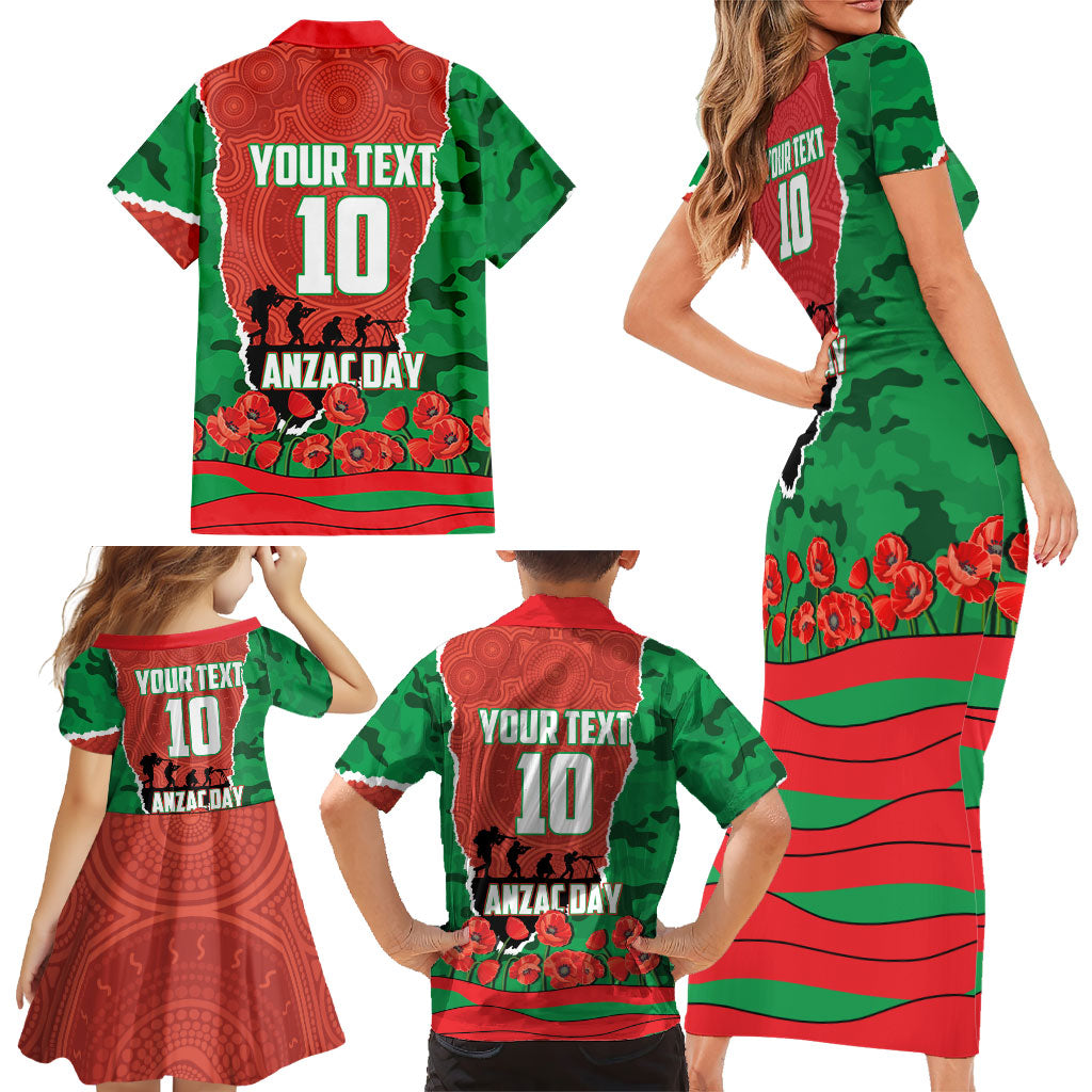 Personalized South Sydney Rabbitohs ANZAC Tribute Family Matching Short Sleeve Bodycon Dress and Hawaiian Shirt Poppy Field Soldier Silhouette Aboriginal Rugby Mascot