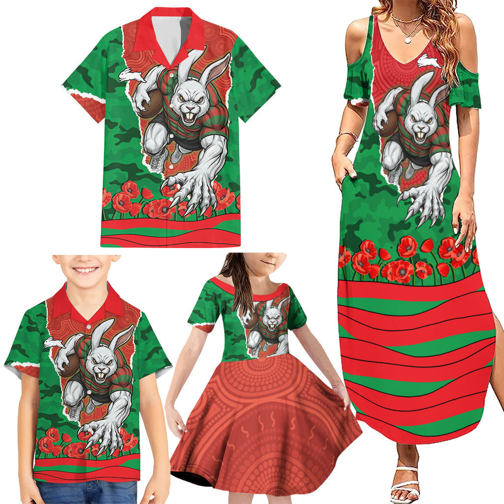 Personalized South Sydney Rabbitohs ANZAC Tribute Family Matching Summer Maxi Dress and Hawaiian Shirt Poppy Field Soldier Silhouette Aboriginal Rugby Mascot