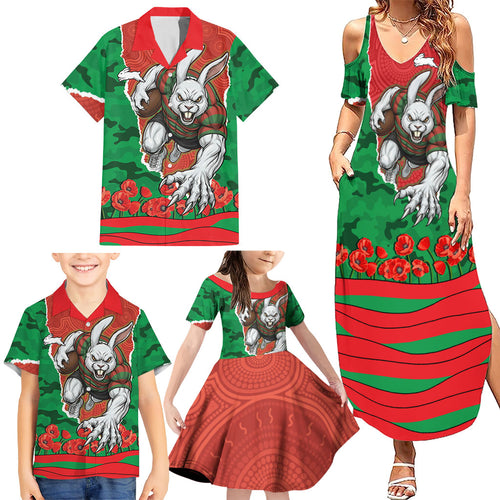 Personalized South Sydney Rabbitohs ANZAC Tribute Family Matching Summer Maxi Dress and Hawaiian Shirt Poppy Field Soldier Silhouette Aboriginal Rugby Mascot