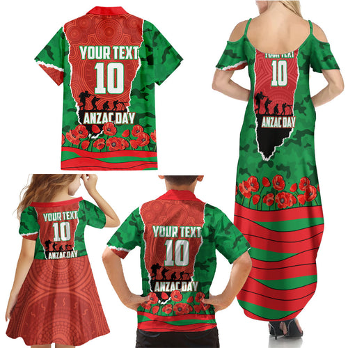 Personalized South Sydney Rabbitohs ANZAC Tribute Family Matching Summer Maxi Dress and Hawaiian Shirt Poppy Field Soldier Silhouette Aboriginal Rugby Mascot