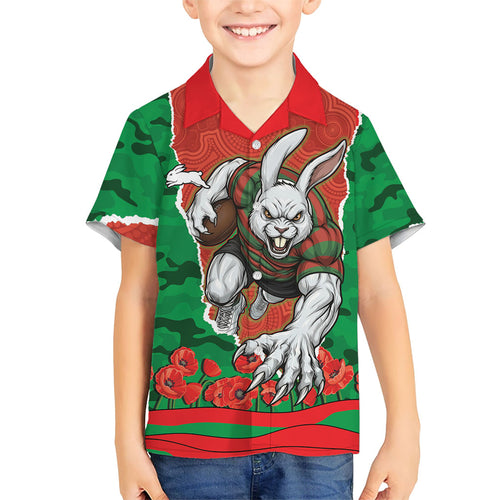 Personalized South Sydney Rabbitohs ANZAC Tribute Family Matching Summer Maxi Dress and Hawaiian Shirt Poppy Field Soldier Silhouette Aboriginal Rugby Mascot