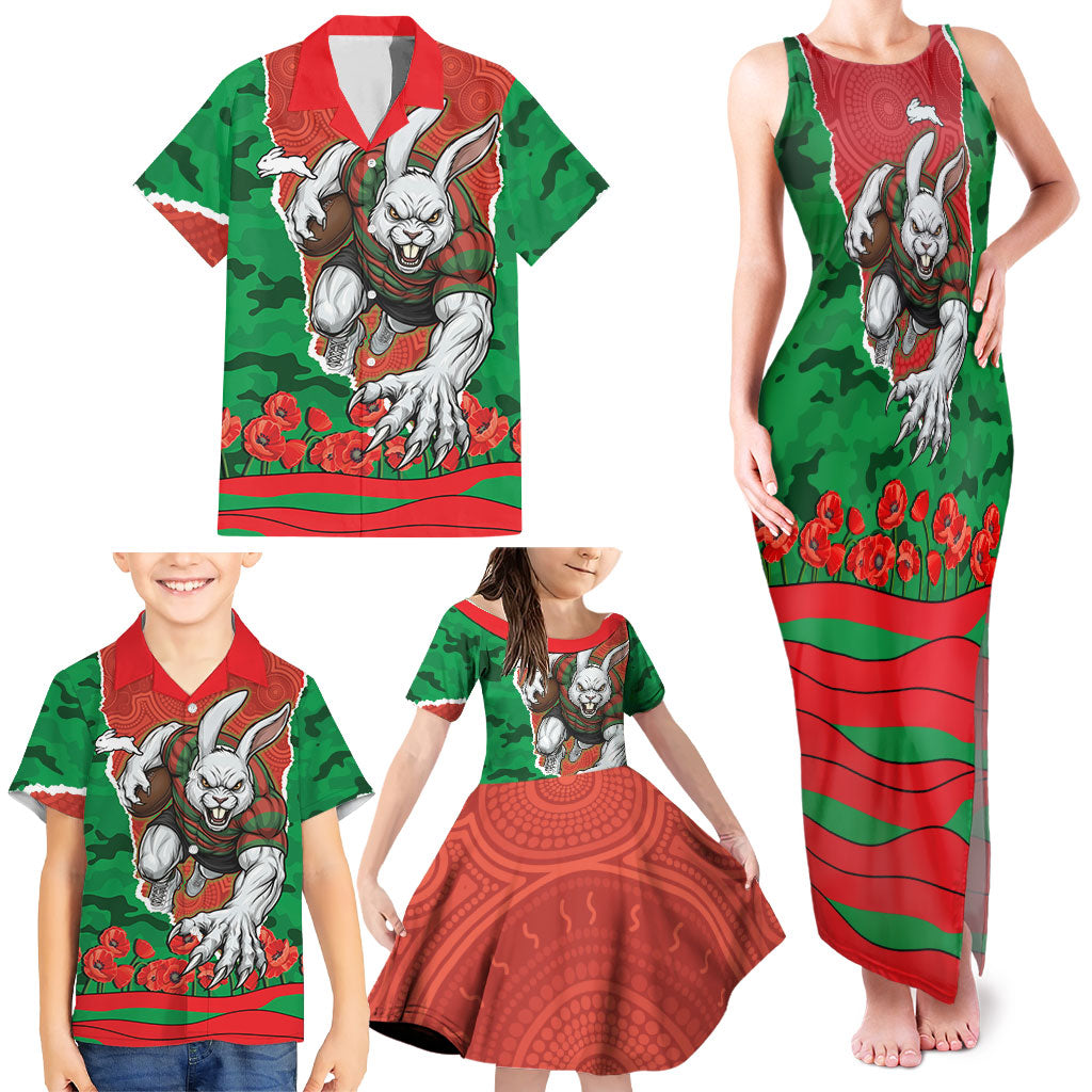 Personalized South Sydney Rabbitohs ANZAC Tribute Family Matching Tank Maxi Dress and Hawaiian Shirt Poppy Field Soldier Silhouette Aboriginal Rugby Mascot