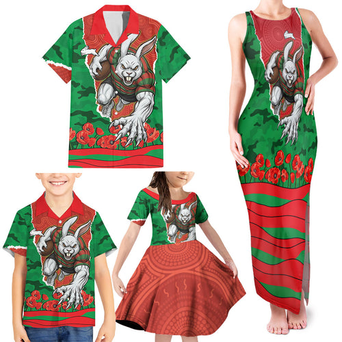 Personalized South Sydney Rabbitohs ANZAC Tribute Family Matching Tank Maxi Dress and Hawaiian Shirt Poppy Field Soldier Silhouette Aboriginal Rugby Mascot