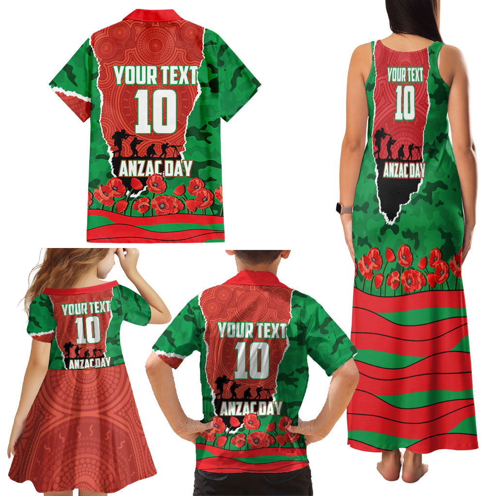 Personalized South Sydney Rabbitohs ANZAC Tribute Family Matching Tank Maxi Dress and Hawaiian Shirt Poppy Field Soldier Silhouette Aboriginal Rugby Mascot