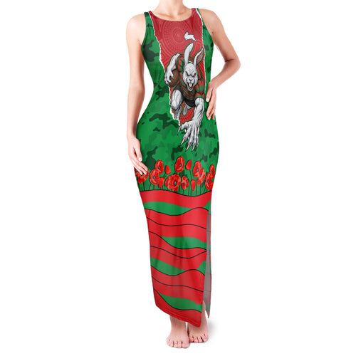 Personalized South Sydney Rabbitohs ANZAC Tribute Family Matching Tank Maxi Dress and Hawaiian Shirt Poppy Field Soldier Silhouette Aboriginal Rugby Mascot