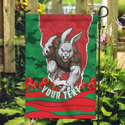 Personalized South Sydney Rabbitohs ANZAC Tribute Garden Flag Poppy Field Soldier Silhouette Aboriginal Rugby Mascot
