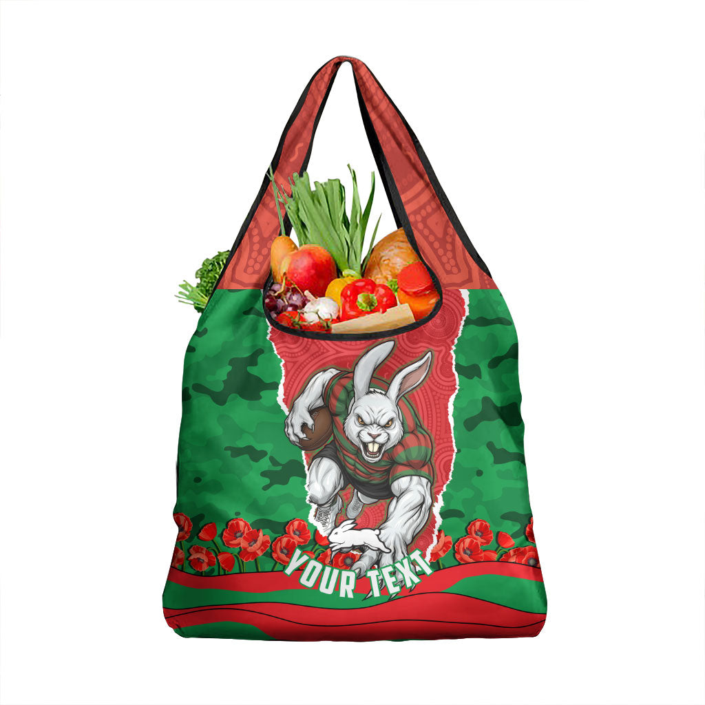 Personalized South Sydney Rabbitohs ANZAC Tribute Grocery Bag Poppy Field Soldier Silhouette Aboriginal Rugby Mascot