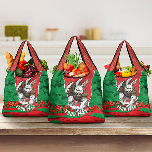 Personalized South Sydney Rabbitohs ANZAC Tribute Grocery Bag Poppy Field Soldier Silhouette Aboriginal Rugby Mascot