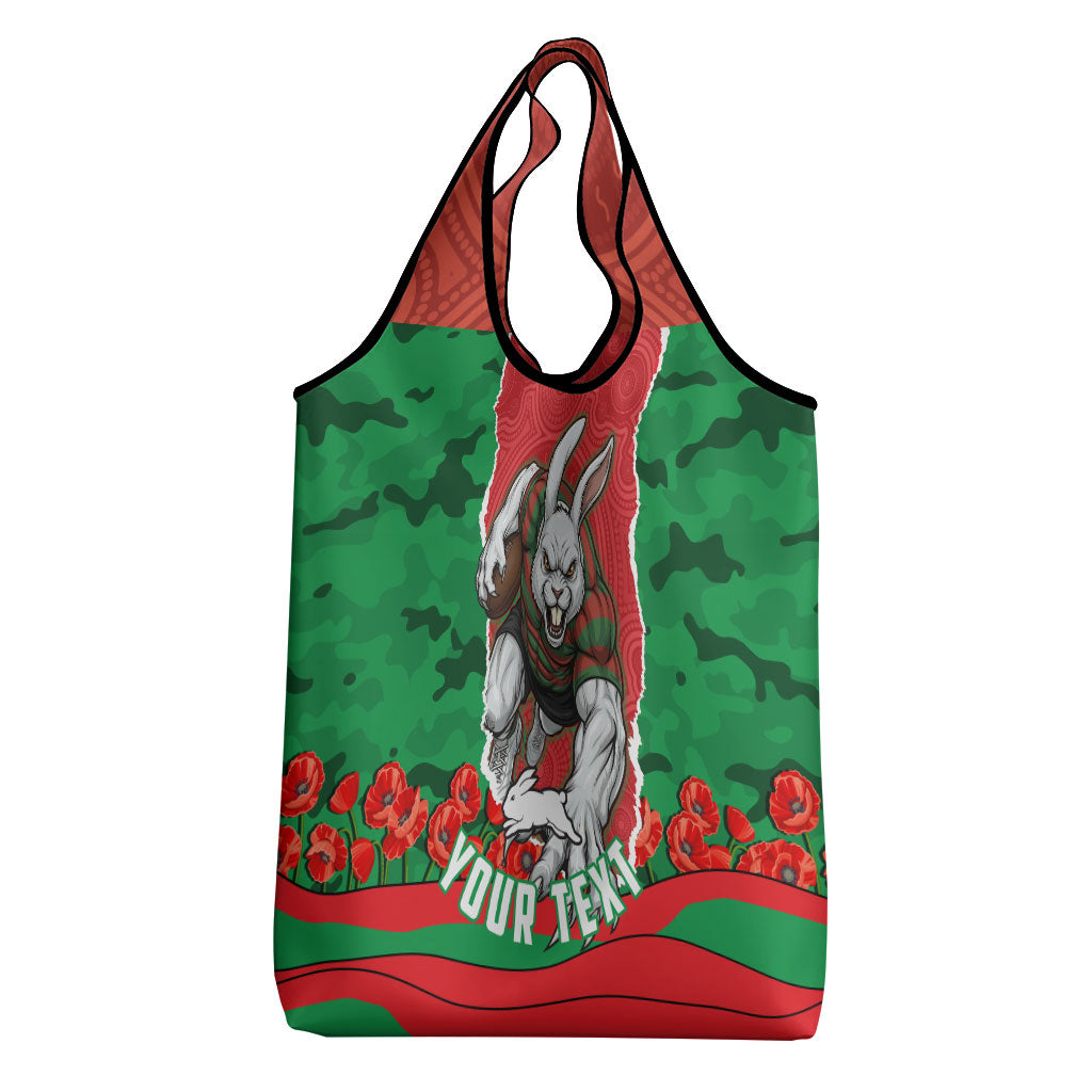 Personalized South Sydney Rabbitohs ANZAC Tribute Grocery Bag Poppy Field Soldier Silhouette Aboriginal Rugby Mascot