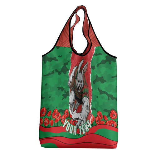 Personalized South Sydney Rabbitohs ANZAC Tribute Grocery Bag Poppy Field Soldier Silhouette Aboriginal Rugby Mascot