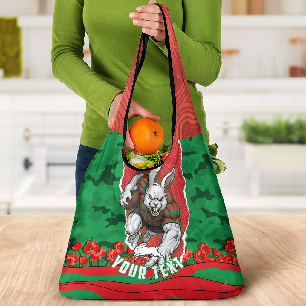 Personalized South Sydney Rabbitohs ANZAC Tribute Grocery Bag Poppy Field Soldier Silhouette Aboriginal Rugby Mascot