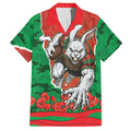 Personalized South Sydney Rabbitohs ANZAC Tribute Hawaiian Shirt Poppy Field Soldier Silhouette Aboriginal Rugby Mascot
