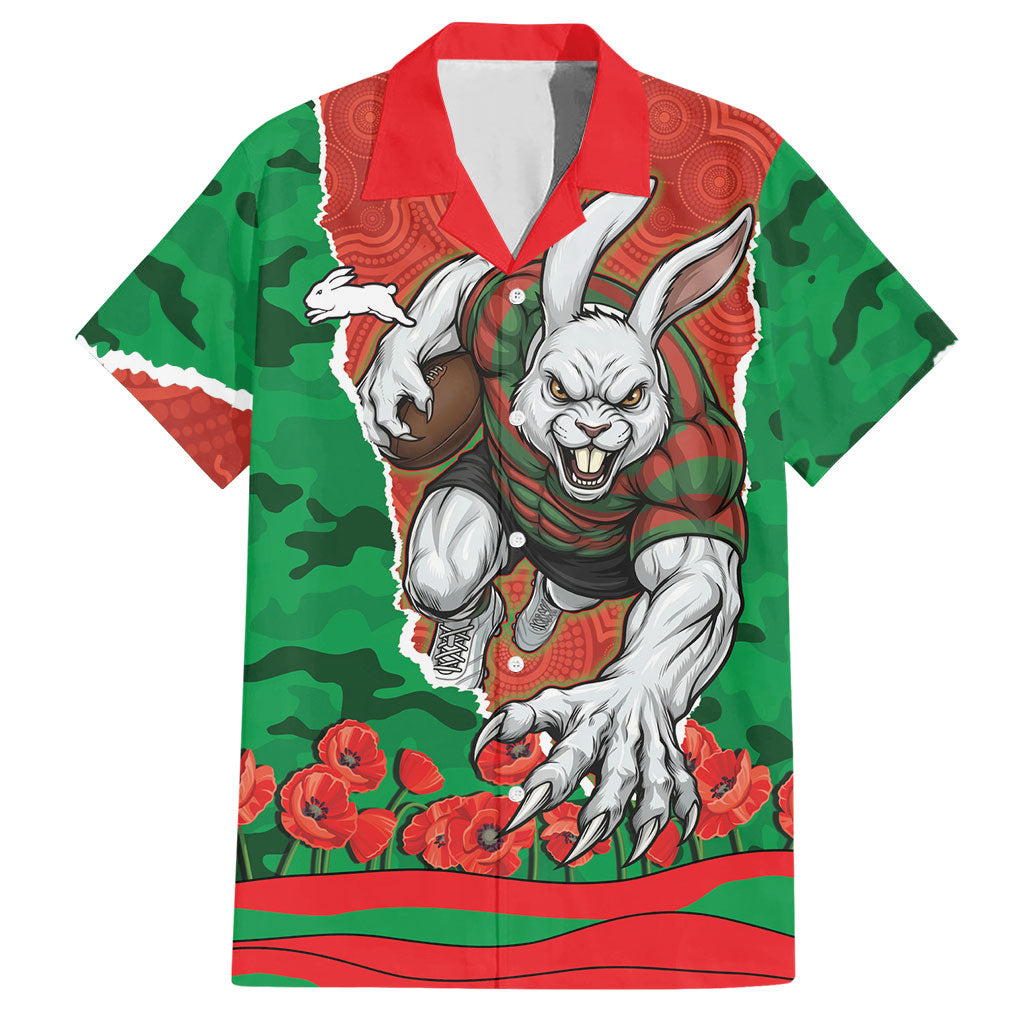 Personalized South Sydney Rabbitohs ANZAC Tribute Hawaiian Shirt Poppy Field Soldier Silhouette Aboriginal Rugby Mascot