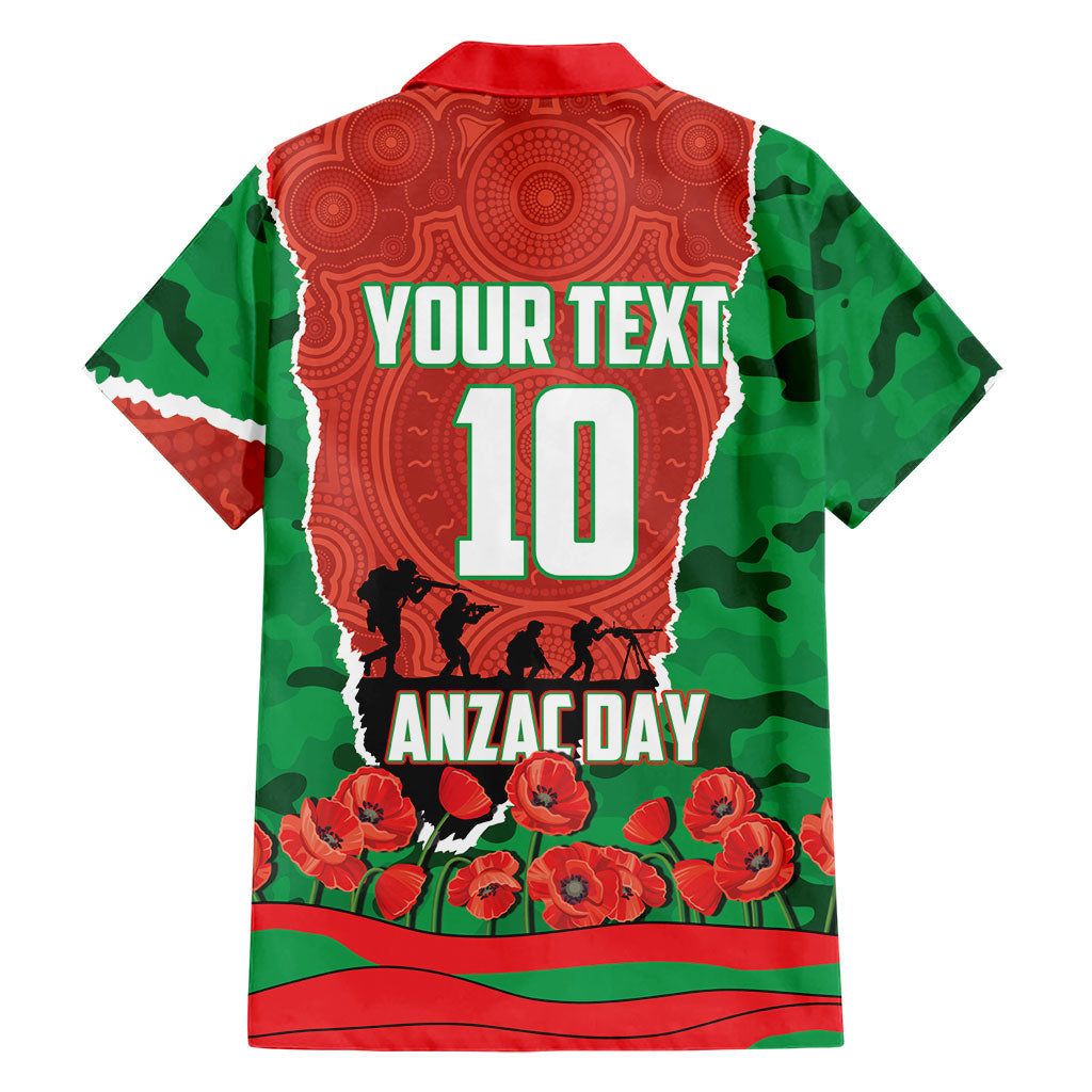 Personalized South Sydney Rabbitohs ANZAC Tribute Hawaiian Shirt Poppy Field Soldier Silhouette Aboriginal Rugby Mascot