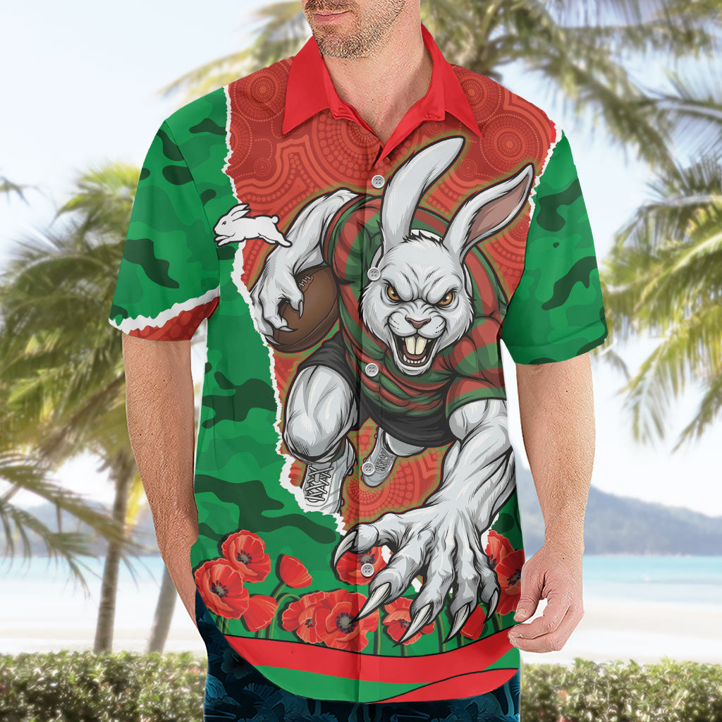 Personalized South Sydney Rabbitohs ANZAC Tribute Hawaiian Shirt Poppy Field Soldier Silhouette Aboriginal Rugby Mascot