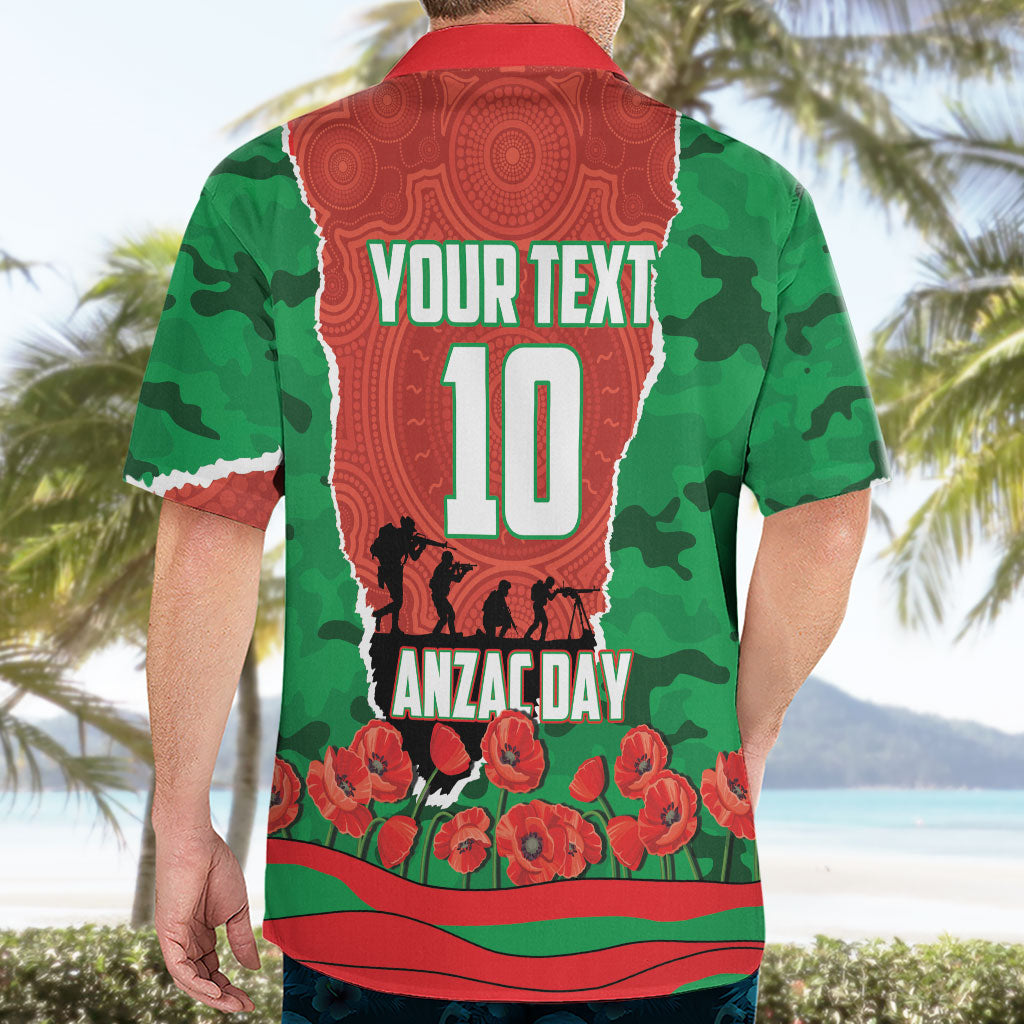 Personalized South Sydney Rabbitohs ANZAC Tribute Hawaiian Shirt Poppy Field Soldier Silhouette Aboriginal Rugby Mascot