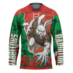 Personalized South Sydney Rabbitohs ANZAC Tribute Hockey Jersey Poppy Field Soldier Silhouette Aboriginal Rugby Mascot