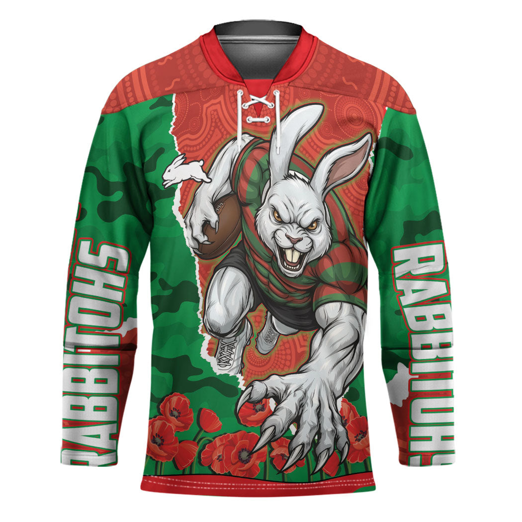 Personalized South Sydney Rabbitohs ANZAC Tribute Hockey Jersey Poppy Field Soldier Silhouette Aboriginal Rugby Mascot