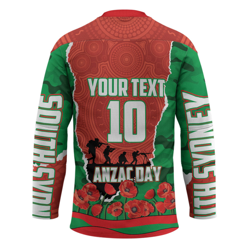 Personalized South Sydney Rabbitohs ANZAC Tribute Hockey Jersey Poppy Field Soldier Silhouette Aboriginal Rugby Mascot