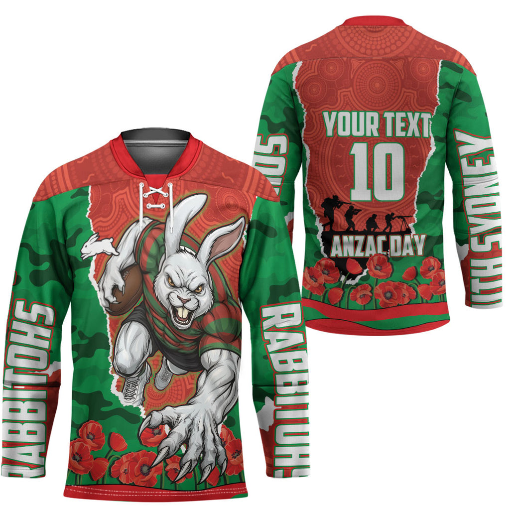 Personalized South Sydney Rabbitohs ANZAC Tribute Hockey Jersey Poppy Field Soldier Silhouette Aboriginal Rugby Mascot