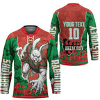 Personalized South Sydney Rabbitohs ANZAC Tribute Hockey Jersey Poppy Field Soldier Silhouette Aboriginal Rugby Mascot