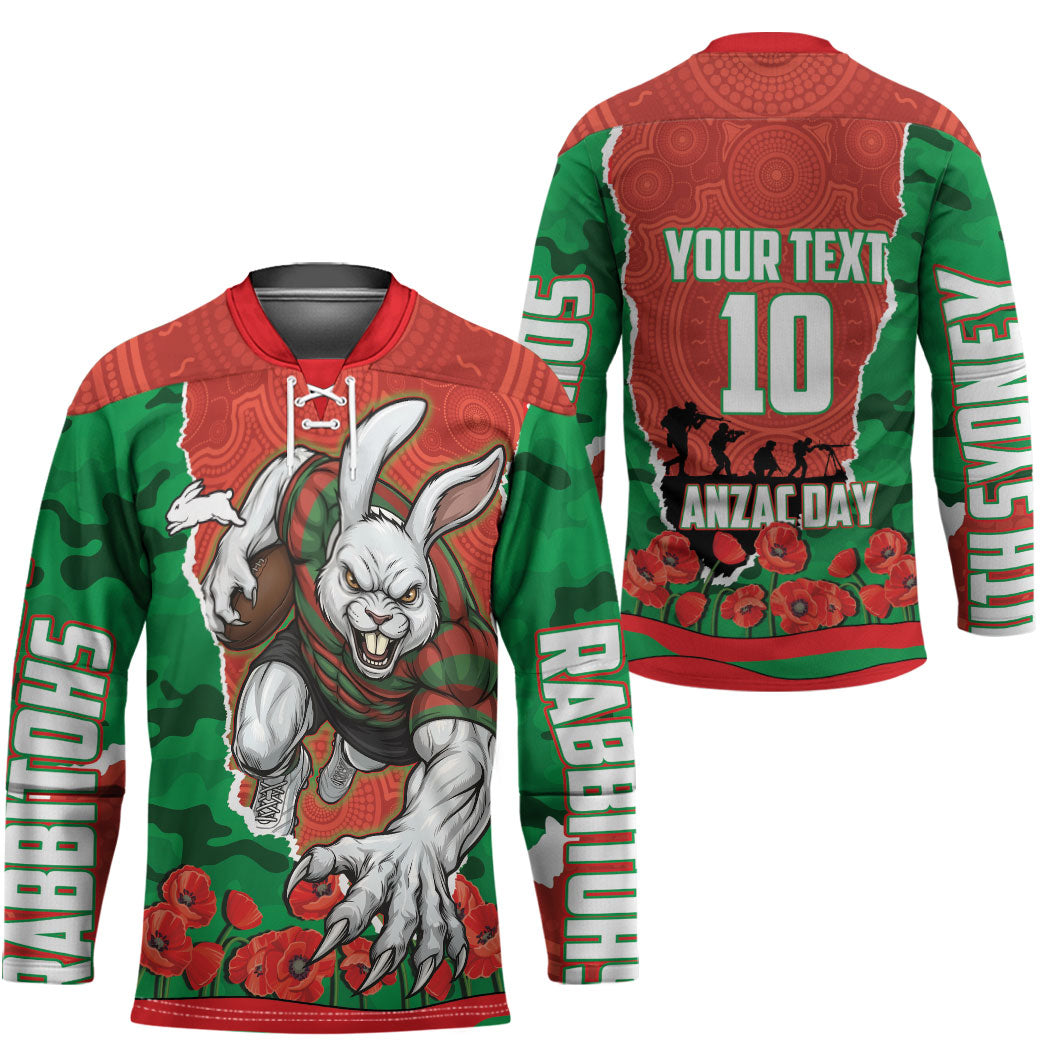 Personalized South Sydney Rabbitohs ANZAC Tribute Hockey Jersey Poppy Field Soldier Silhouette Aboriginal Rugby Mascot