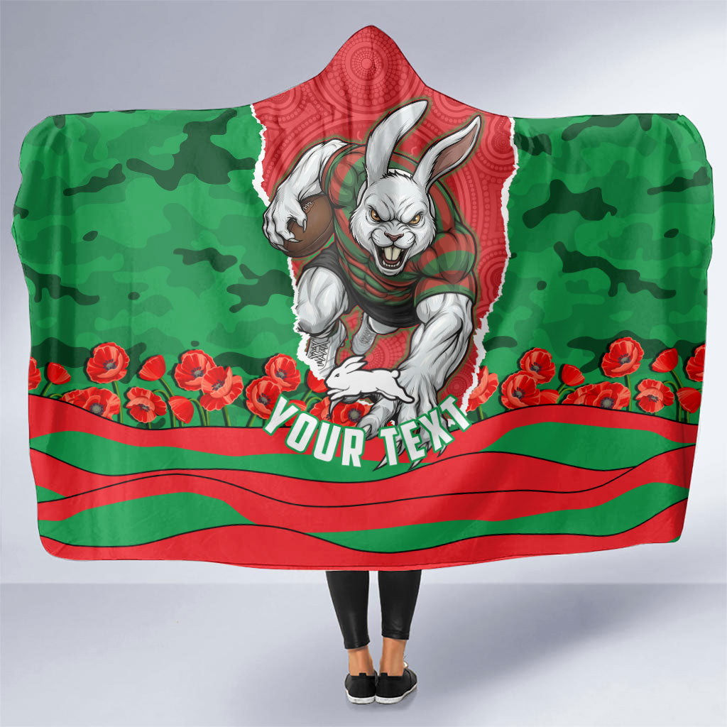 Personalized South Sydney Rabbitohs ANZAC Tribute Hooded Blanket Poppy Field Soldier Silhouette Aboriginal Rugby Mascot
