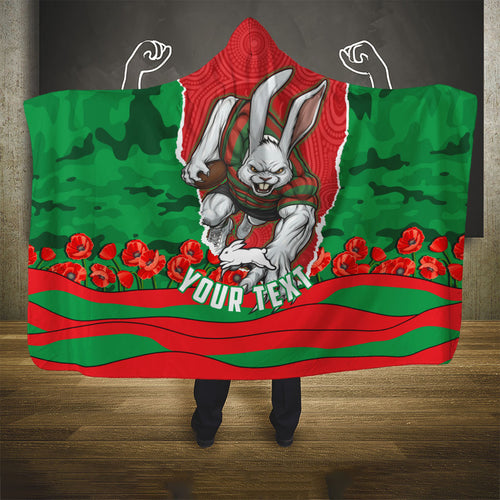 Personalized South Sydney Rabbitohs ANZAC Tribute Hooded Blanket Poppy Field Soldier Silhouette Aboriginal Rugby Mascot