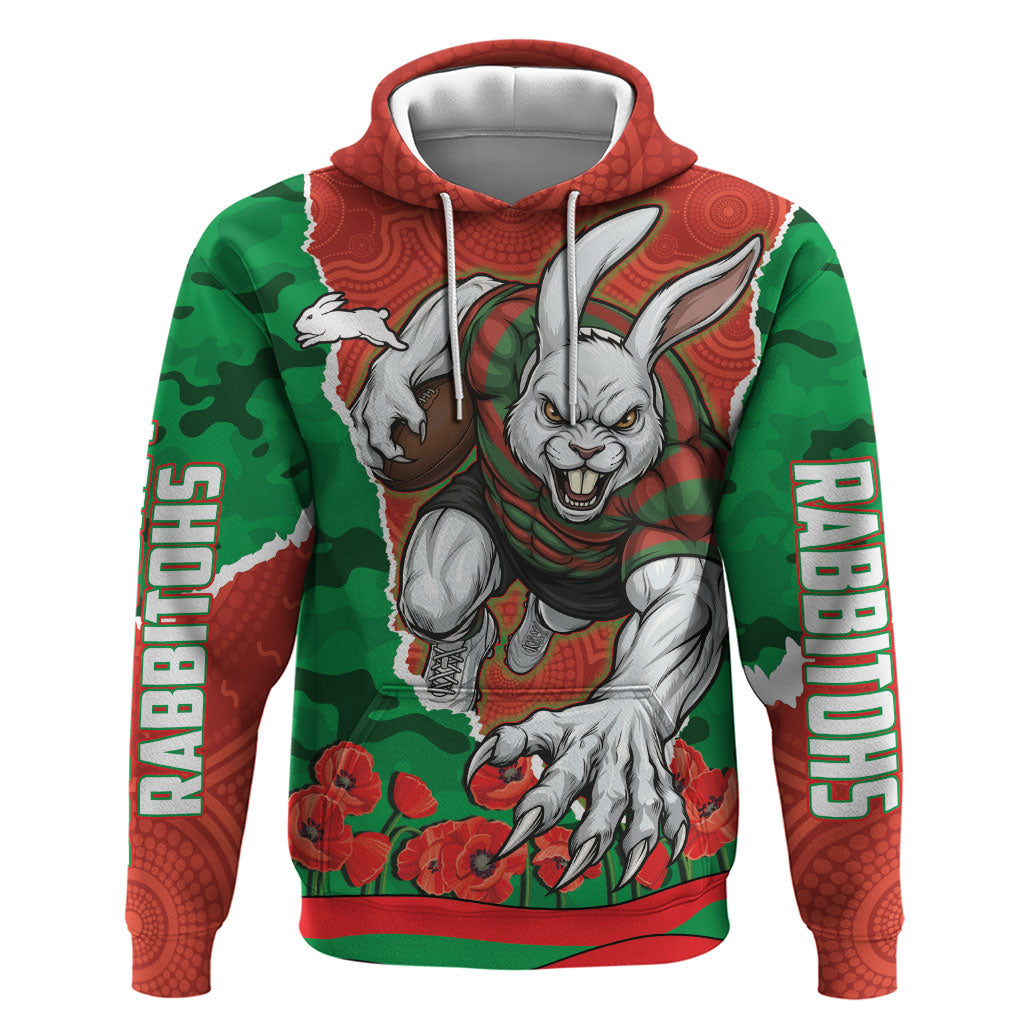 Personalized South Sydney Rabbitohs ANZAC Tribute Hoodie Poppy Field Soldier Silhouette Aboriginal Rugby Mascot