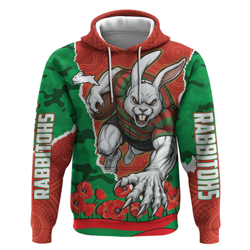 Personalized South Sydney Rabbitohs ANZAC Tribute Hoodie Poppy Field Soldier Silhouette Aboriginal Rugby Mascot